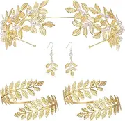 [Qhvynpo] Goddess Accessories, Goddess Headpiece for Wedding, Gold Costume Jewelry Set for Women, Leaves Headband Arm Bracelet Dangle Earrings, Wedding Accessories for Women, Se référer au descriptif,