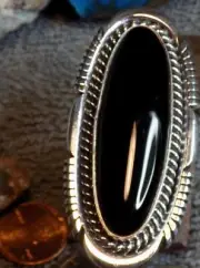 Ladies Sterling Silver Large Black Chalcedony Ring Navajo Tom Lewis Size 12 1/2