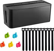 Black Cable Management Box Bundle Complete Set with 10 Cable Ties 5 Thumb Cable Clips - Ideal for Homes, Offices, and Entertainment Setups