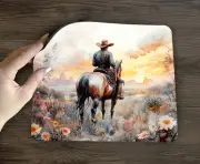 COWBOY MOUSE PAD, Flowers Plains Desert Mountains Horse Computer Desk Mat E345