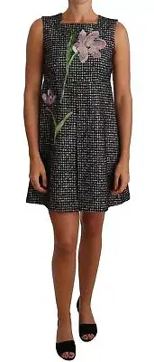 Dolce&Gabbana Women Gray Dress Wool Floral Applique Shift Mini Sundress Sz IT 40