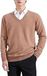 [Suvoiier] Men Slim Fit Casual Dress Sweater Men Warm Pullover Classic V-Neck Sweaters Men's Long Sleeve Sweater Khaki S