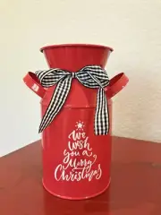 FARMHOUSE MILK CAN CHRISTMAS Red White Black Ribbon 7.5" tall ~NEW/LOVELY~