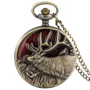 Elk Pattern Display Quartz Bronze Necklace Pocket Watch with Sweater Chain Gifts