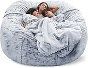 Giant Bean Bag for Adults, 7ft 6ft 5ft Bean Bag Chair, Washable Jumbo Bean Bag Sofa Sack Chair Large Lounger Faux Fur Cover for Dorm Family Room, (with One Inner Sleeve, No Filler)-Snow Gray||6FT
