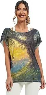 [Joisal] Aurora Whale Blue Tees for Women Off Shoulder Women's Blouse Casual Going Out Tops, Valentine's Day Couple Swing, X-Large