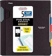 Five Star Advance Spiral Notebook + Study App, 5 Subject, College Ruled Paper, 8-1/2" x 11", 200 Sheets, Spiral Guard, Movable Tabbed Dividers, Black (73144)
