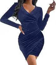 [Generic] Cute Sundresses for Women Womens Casual Dress Solid Color Wrap V Neck Lightweight Long Sleeve Bag Hip Ruched Cocktail Party Dress Plus Size Tunic Dress