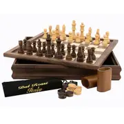 Dal Rossi Flip Top 3 in 1 Chess Checkers Backgammon Set 35cm Walnut Finish Board