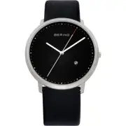 *BRAND NEW* Bering Men' Black Calfskin Strap Steel Silver Tone Watch 11139-402