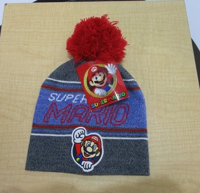 Super Mario Beanie Hat Boys Girls Gray One Size Pom Embroidered Nintendo Stripe