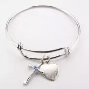 New NWT Christian Blue Crystal Cross Brushed Silver Metal Heart Charm Bangle