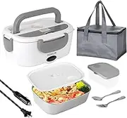 JIEGELIN Electric Lunch box food heater 2-in-1,12V/24V/110V/220V portable heating lunch box for cars and homes,stainless steel container fork and Spoon and portable bag (Grey)
