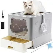 HelloMiao Fully Enclosed Cat Litter Box with Lid, Foldable Extra Large Cat Toilet, Drawer Type Cat Litter Tray with Plastic Scoop, Suitable for Cats Under 17.6Ib(8kg) (Gray)