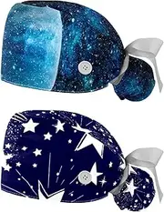 [WOSHJIUK] Working Hat 2 Pack Scrub Caps for Women,Blue Universe Stars Planet,Tie Back Cap Adjustable Scrub Hat