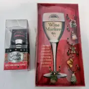 Boston Warehouse Set Of 6 Christmas Wine Glass Markers/Charms+Wine Stopper~New