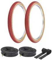 2 BICYCLE PRO+ 24 X 1.75 RED GUM COMP III TIRES W/HEAVY DUTY TUBES & RIMSTRIPS.