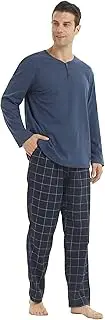 [KROFZOPW] Mens Winter Pyjamas Sets Ultra Soft Henley Long Sleeve Top & Flannel Checked Bottoms Microfleece Pyjamas for Men Loungewear PJs Sleepwear