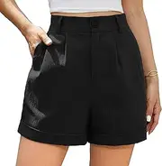 [Generic] Women's High Waist Pleated Shorts Summer Cotton Hem Wide Leg Elastic Waist Zippered Slimming Shorts with Pockets