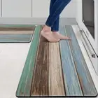Set of 2 Teal Farmhouse Kitchen Mats, Retro Wood Texture, 17.3 X 29 & 17.3 X 47