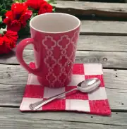 Red and White Patchwork Mug Rug - Handmade Quilted Coffee Coaster Mat Gift Idea