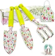 5PCS Floral Garden Tool Set Including Transplanting Spade, Hand Rake, Trowel, Apron and Gardening Gloves, Heavy Duty Cast-Aluminium Heads & Ergonomic Handles