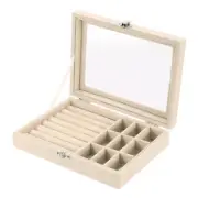 7 Slots Velvet Ring Jewelry Box Organizer 9 Grid with Glass Lid, Beige