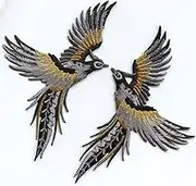 Phoenix phenix birds gray black gold embroidered appliques iron-on patches pair S-1301