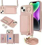 for iPhone 13/14 Crossbody Case with Card Holders Money Slots Zipper Coin Purse Rotatable Ring Kickstand Cover Wristlet Strap Lanyard Litchi Leather Wallet Cover for iPhone13 iPhone14 Pink