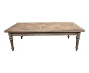 MORO RUSTIC RECYCLED PARQUETRY TOP COFFEE TABLE ORNATE TURN LEG 140CM