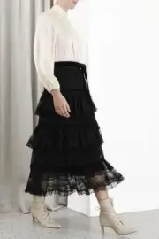 Zimmermann Glassy Filled Lace Midi Skirt Black With Belt Size 1 NWT RRP$795