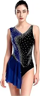 [RUNQHUI] Womens Tank Leotard Sparkle Rhinestone Color Block Unitards Mesh Patchwork Romper Flowy Skirt Blue Large