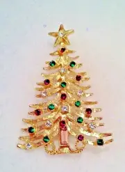 Emerald Cut Amethyst Crystal Christmas Tree Gold Finish Pin - Bohemia