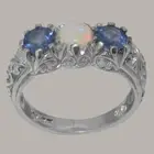 925 Sterling Silver Natural Opal & Sapphire Womens Trilogy Ring
