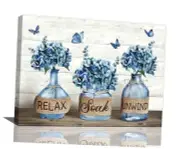Farmhouse Bathroom Decor Wall Art Navy Flower 16L" x 12W" Blue Hydrangea