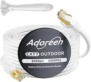 Adoreen Cat 6E Cat 7 Outdoor Ethernet Cable 100 FT White, High Speed Shielded Network Cable, S/FTP, POE, 26AWG OFC, Heavy-Duty Waterproof Direct Burial Cat 6A Internet Cable RJ45 LAN Cord+Ties-WH