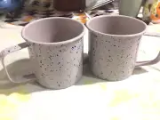 Enamel Coffee Mug Fiddle + Fern Camping Tea Cup Metal Beige Blue Speckles Set 2