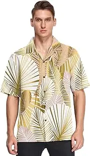 [GuoChe] Hawaiian Button Up Short Sleeve Shirt Men Gold Pale Rose Leaves Printed Camisas para Hombres Manga Corta