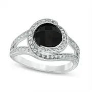 8.0mm Faceted Onyx and White Topaz Overlay Frame Split Shank Ring in Sterling Silver