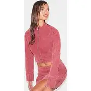 Washed Red Racer Neck Cropped Denim Jacket, Washed Red