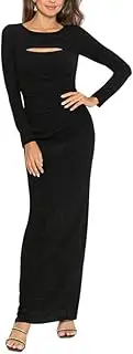 [Xscape] Women's Long Sleeve Glitter Knit Ruched Back Dress with Side Slit Special Occasion