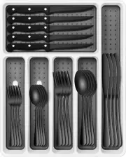 Black Silverware Set 49-Piece Flatware with Drawer Organizer Durable Stainless