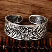 [HEYONA] Women Jewelry 925 Silver Sterling Bracelet Fashion Cuff Bangle Chain Bracelets,S999 Silver Friendship Bracelets Vintage Ethnic Hollow Peacock Wide Open Cuff Bangle Classical (Color : Silver)