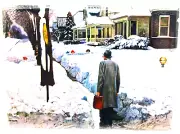 Commuter Pauses Kid Hiding With Snowball Saturday Evening Post Fridge Magnet