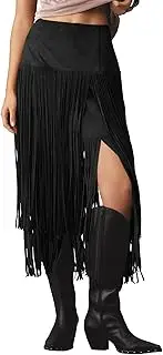 [Gacaky] Womens Fringe Faux Suede Trim Skirts 2025 Summer Casual Elastic Waist A-Line Long Skirt Party Music Festivals Skirt, Black, Medium