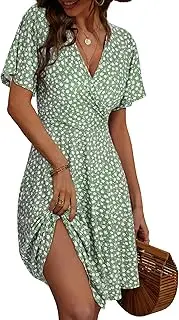 [FENSACE] Womens Sundress Summer Floral Short Sleeve Wrap V Neck A-Line Midi Dress