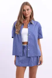 Blue Check Short Sleeve Shirt Button Up - Size 8XS, Women's Top