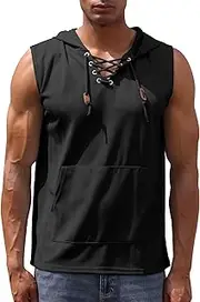 [OMEWEE] Men's Workout Hooded Tank Tops Sleeveless Summer Hoodies with Pocket for Run, Gym, Ciclismo, Black, Medium