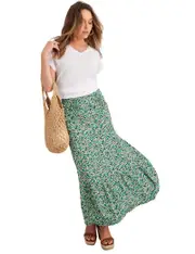 Rockmans Tiered Midi Woven Skirt - Size 16 - Womens - GREEN DITZY