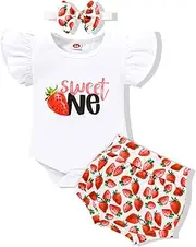 [Viworld] Baby Girl 1st Birthday Outfits Ruffle Sleeve Romper+Printed Bottoms Shorts+Headband Cake Smash Clothes Set